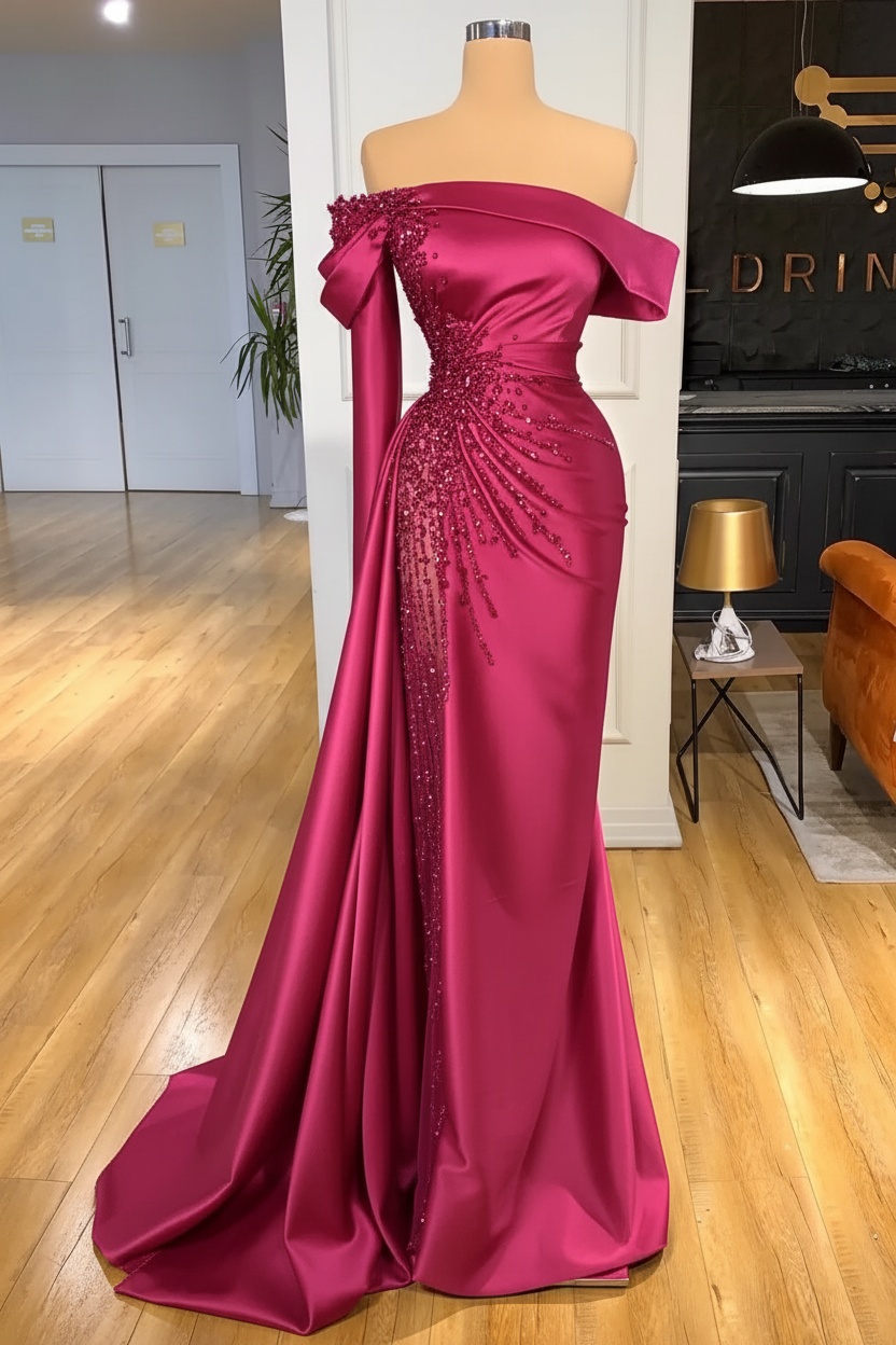 Off-the-Shoulder Satin Floor Length Prom Dress with Side Slit