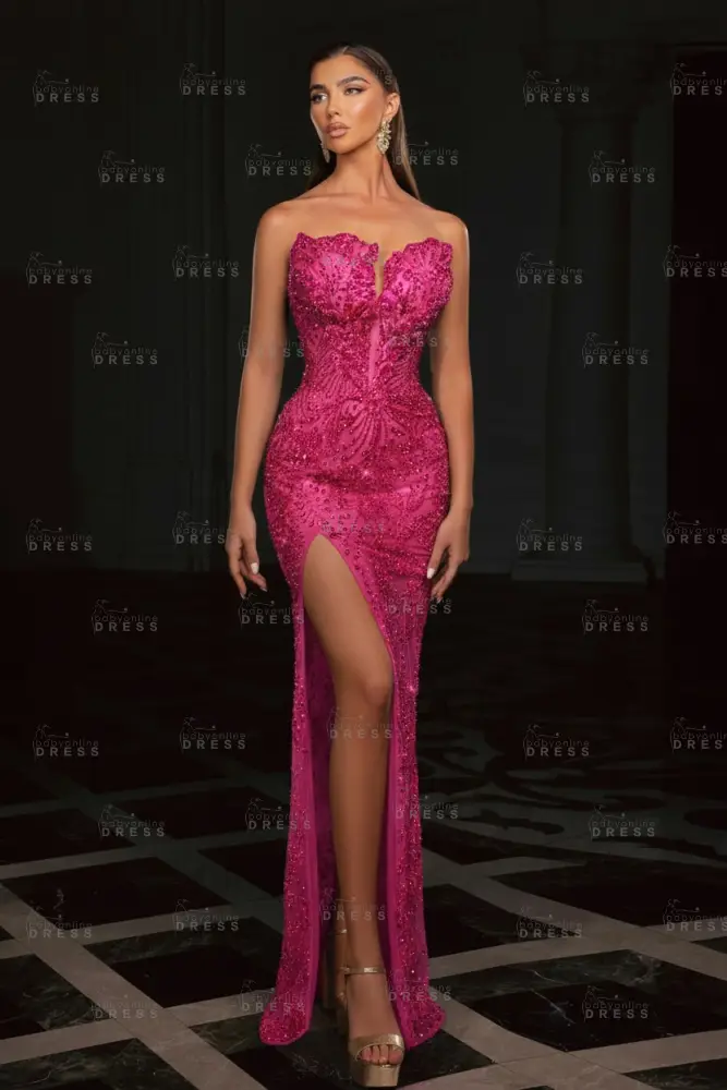 Gold Strapless Sequins Beading Split Front Column Prom Dresses