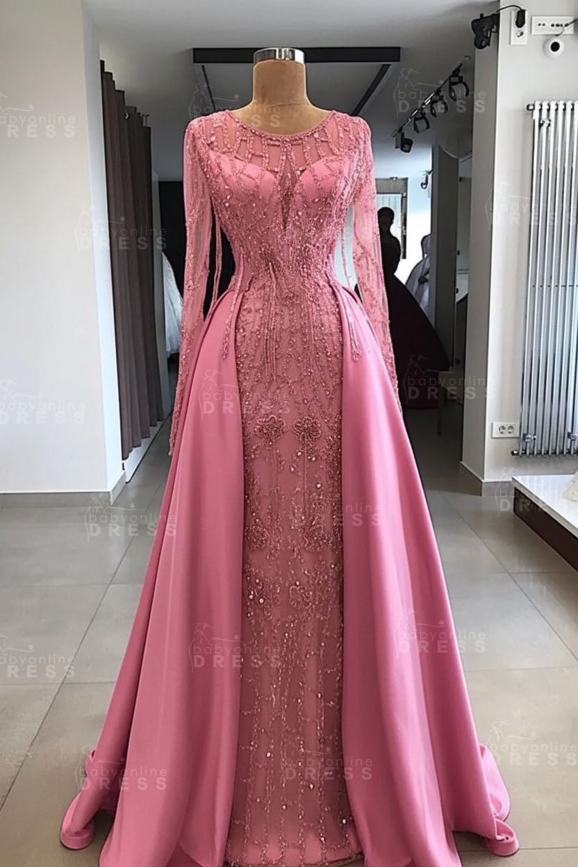 Shining Beaded Long Sleeves Round Neck Prom Dresses With Over Skirt | A Line Evening Gowns