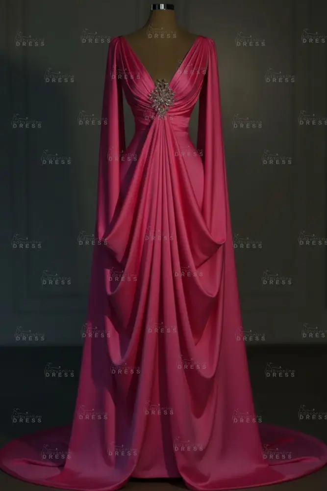 Long sleeves V-neck Satin Ruffles Mermaid Prom Dresses Floor-Length
