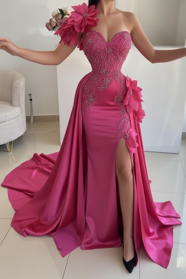 Flowers One shoulder Mermaid Long Prom Dresses with High Split