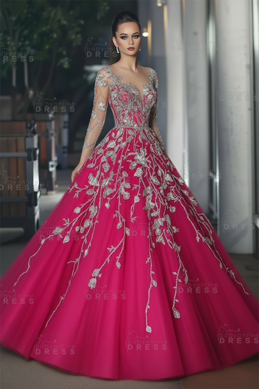 Stunning Illusion Long Sleeve Sexy Evening Gowns | A-line Lace Appliques Tulle Prom Dress