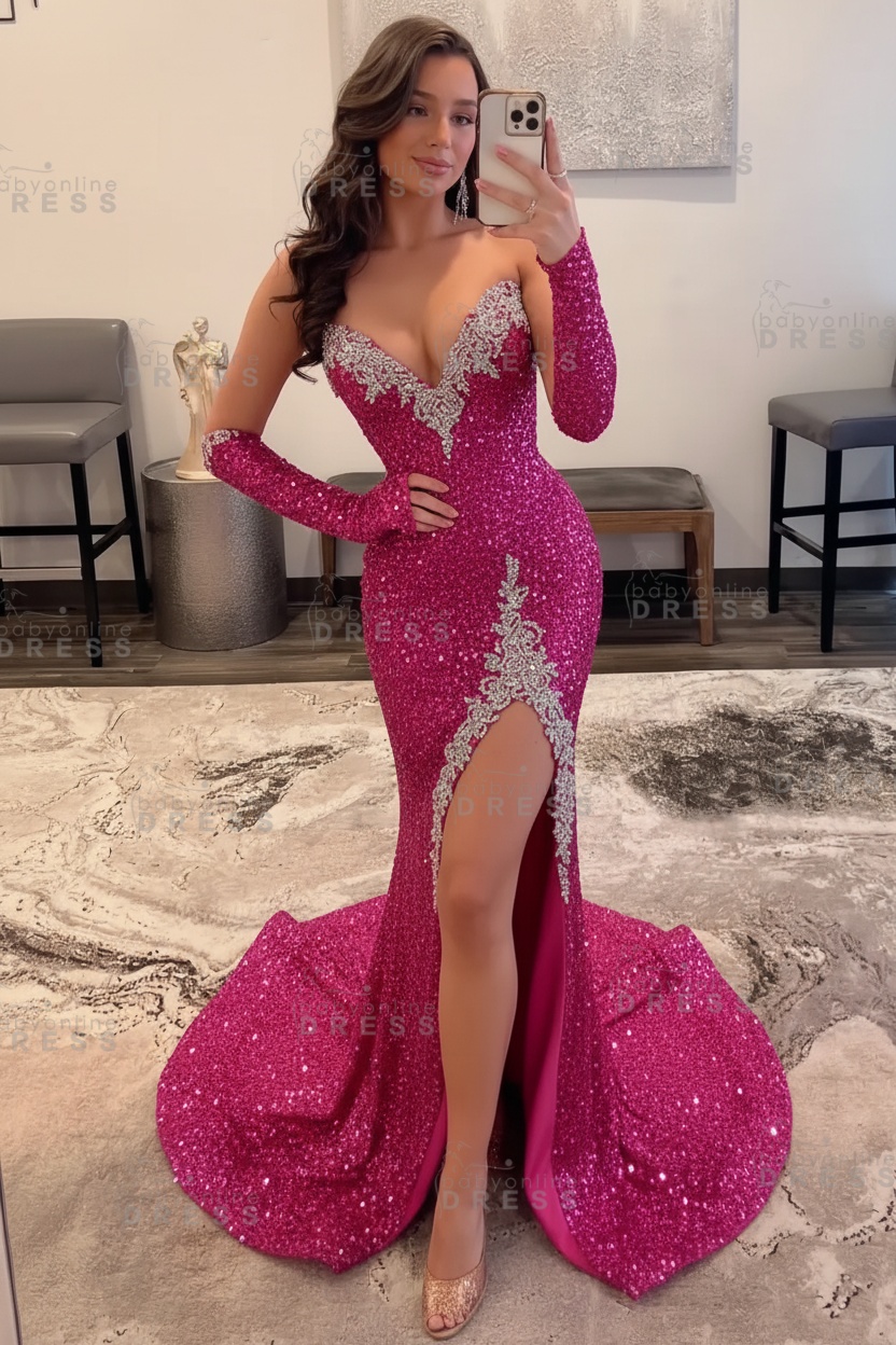Strapless Sweetheart Sequins High Split Mermaid Prom dress with Silver Appliques