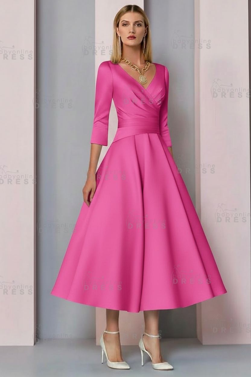 Half Sleeves White Ankle Length Mother of the Bride Dress V-Neck Satin Wedding Guest Dress