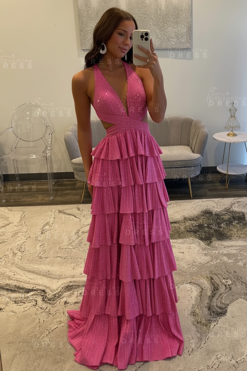 Halter Aline Prom Dress Sequined V-Neck High Split Evening Dress Long