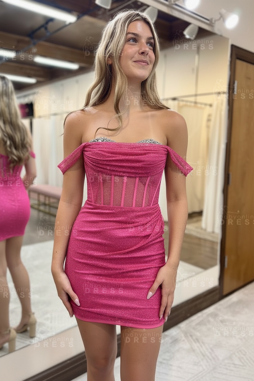 Glitter Black Off-the-Shoulder Sequins Corset Tight Short Homecoming Dress