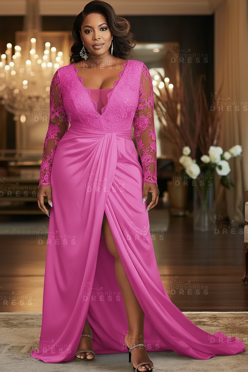 V-neck Appliques Lace Long Sleeve A-Line Prom Dresses with Slit