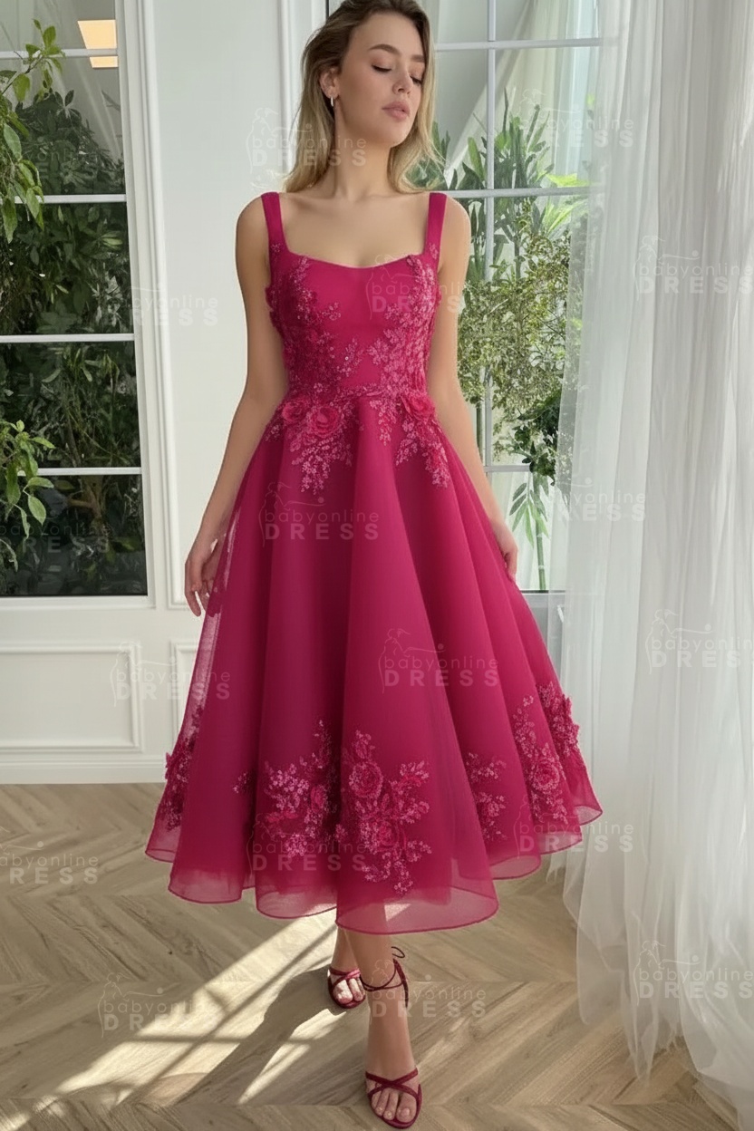 Burgundy Ankle length square neck Homecoming Dress Tulle Aline Formal Dress