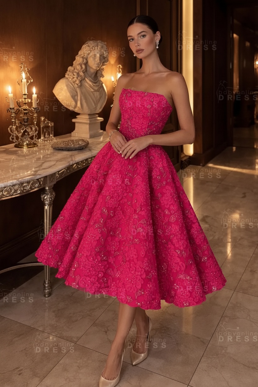 Strapless Yellow Floral A-Line Tea Length Prom Dress with Beadings