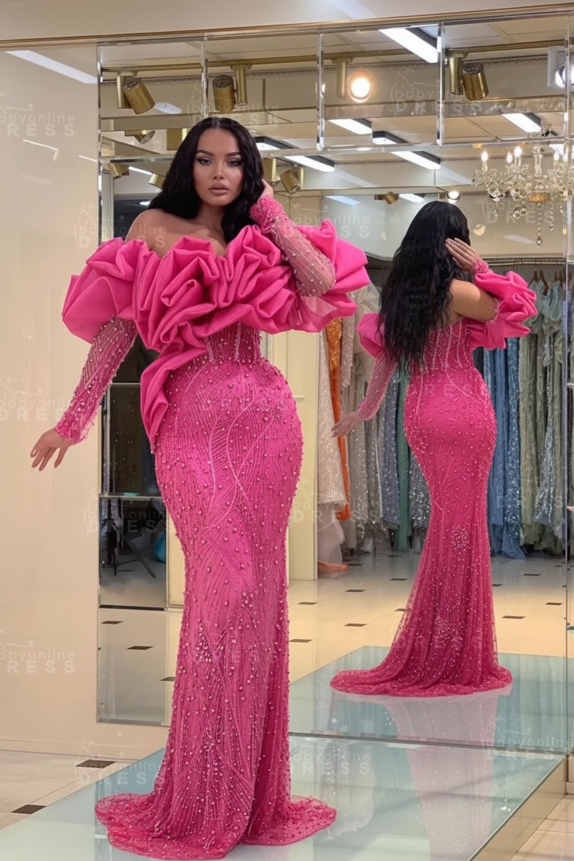 Bubble Sleeves Long Mermaid Prom Dress with Sequins and Beadings