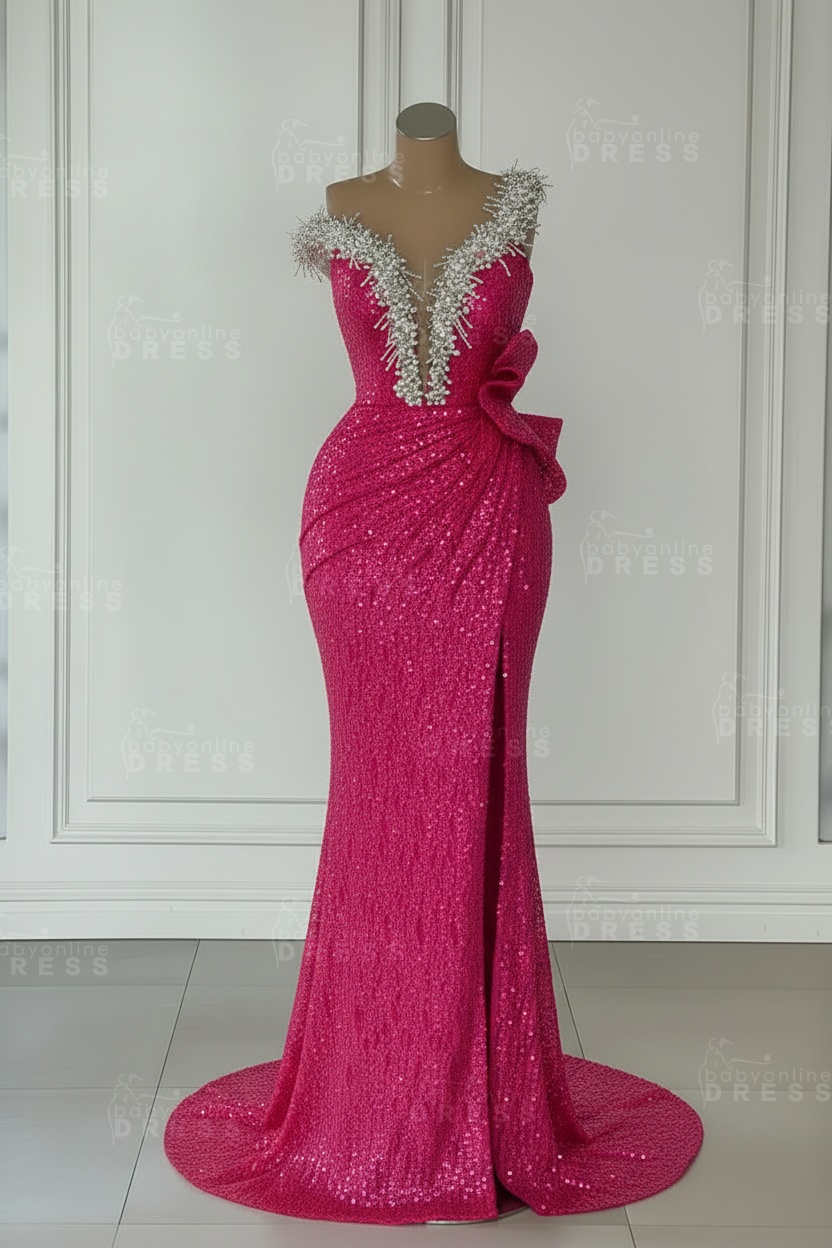 One Shoulder Sequins Sleeveless Long Mermaid Prom Dress