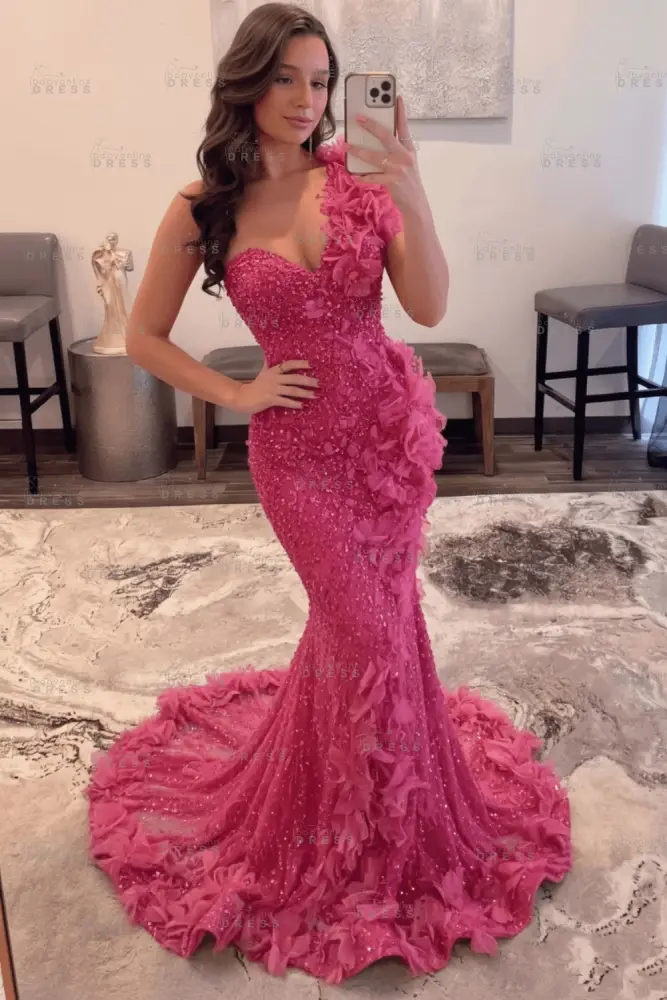 Luxury One Shoulder Sequins Mermaid Prom Dress with Beadings Evening Gown Appliques
