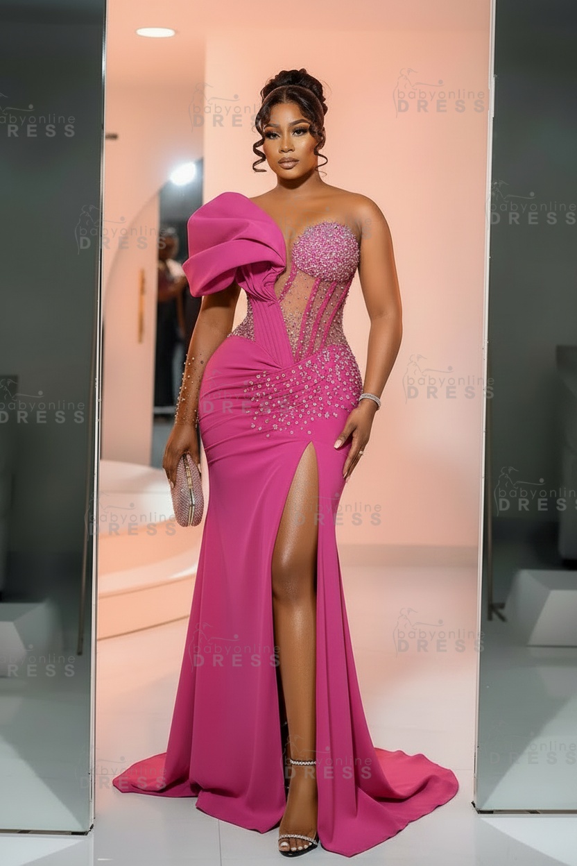 One-Shoulder Long Sleeves Corset Beadings Mermaid Prom Dress with High Split