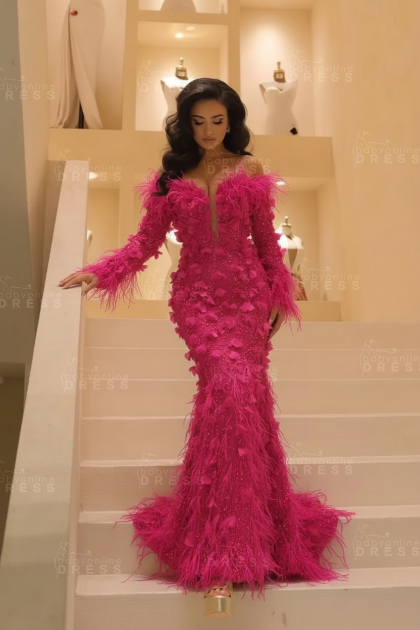 V-neck Long Sleeves Mermaid Evening Dresses Floor Length with Flowers