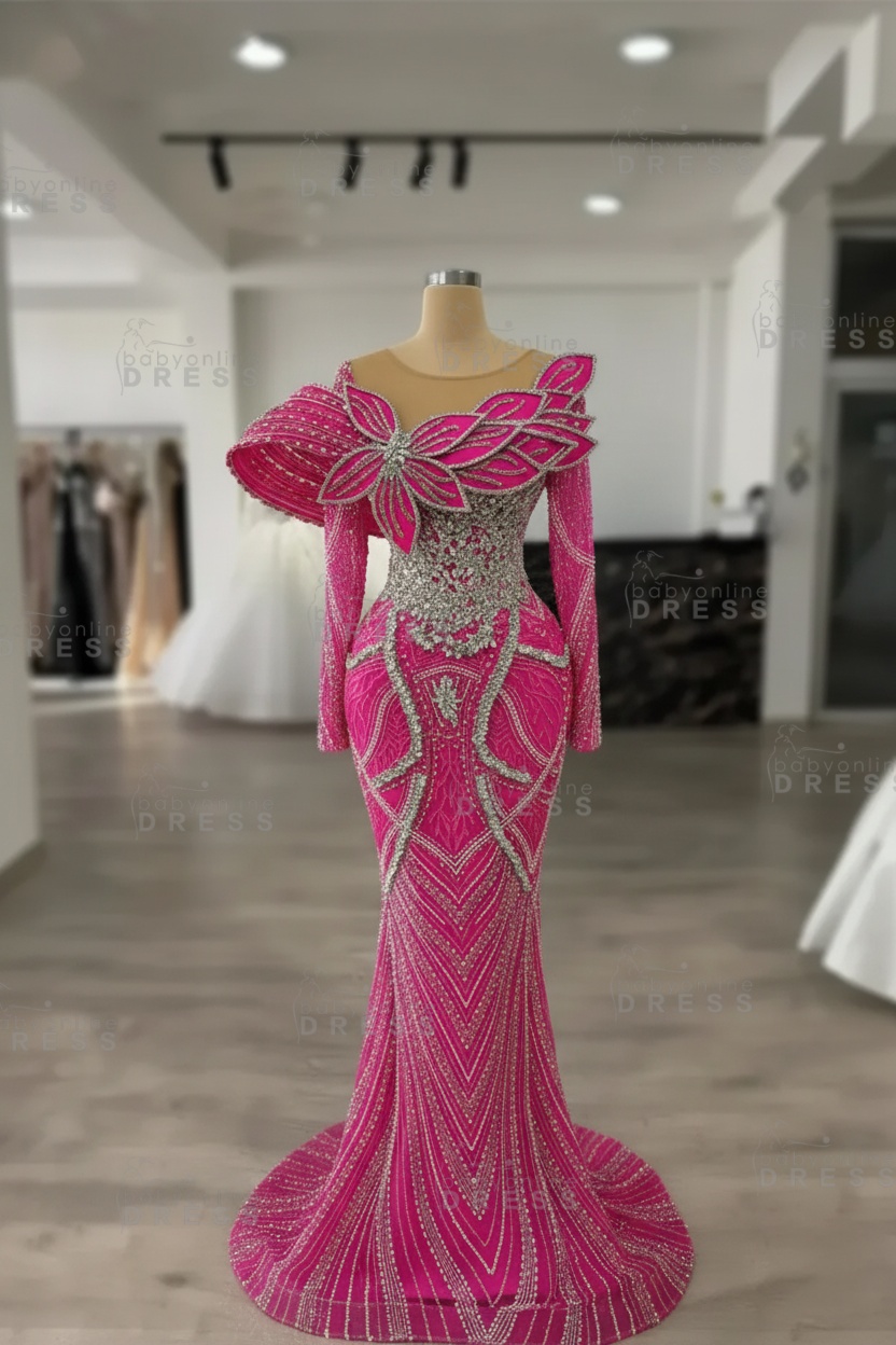 Luxury Crystals Long Sleeves Floor-Length Mermaid Prom Dress with Flowers 
