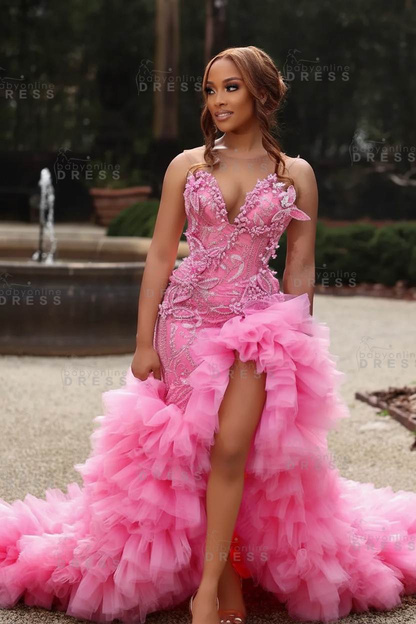 Gorgeous Pink Sweetheart Beadings Sleeveless Mermaid Prom Dress with Ruffles