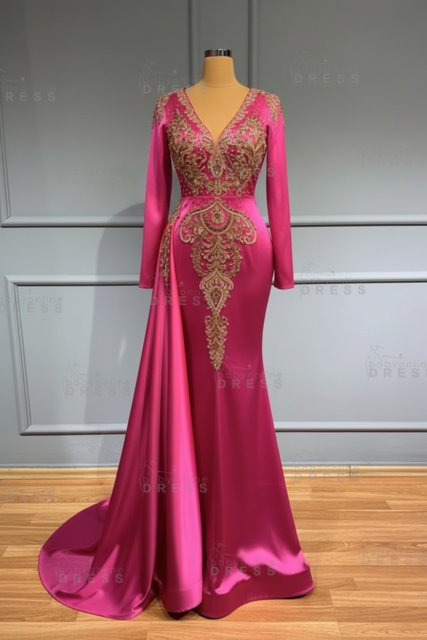 Glamorous V-Neck Long Sleeves Mermaid Prom Dress with Crystals