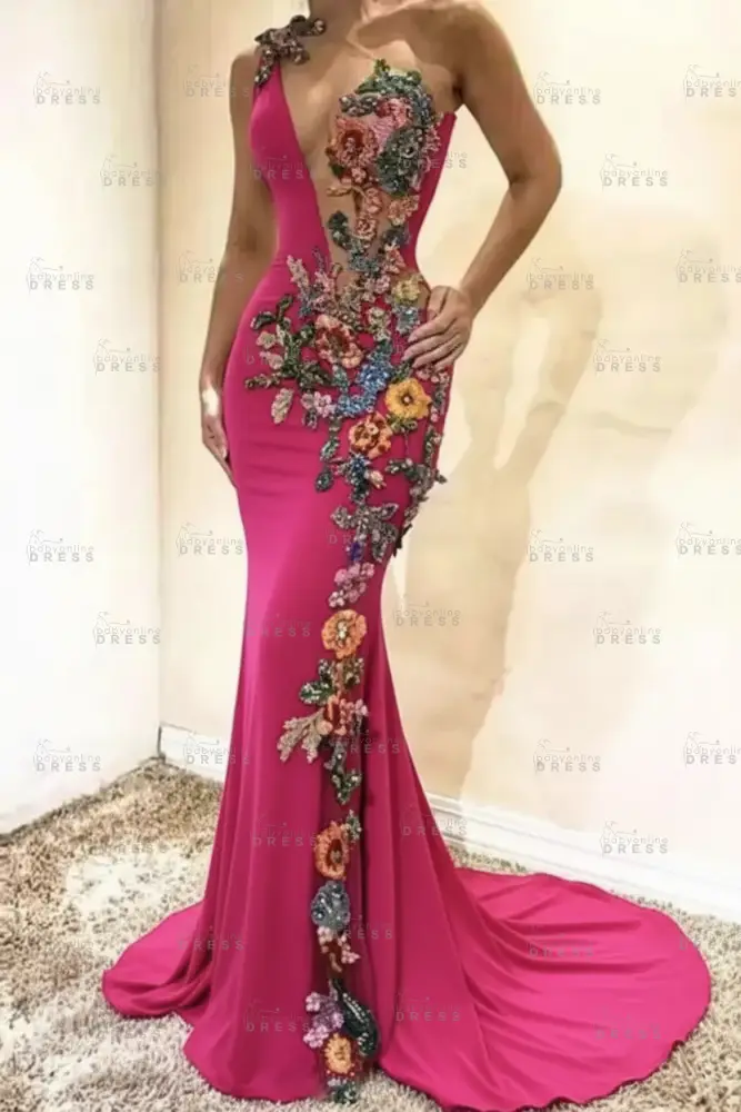 Amazing One-Shoulder Floral Pattern Beadings Floor-Length Mermaid Prom Dress 