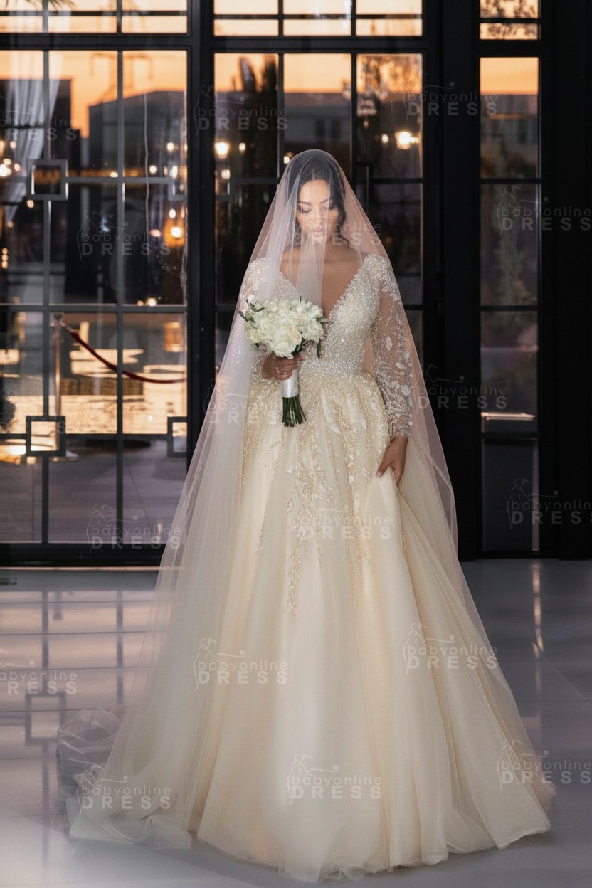 Long sleeves V-neck Princess Ivory Wedding Dresses