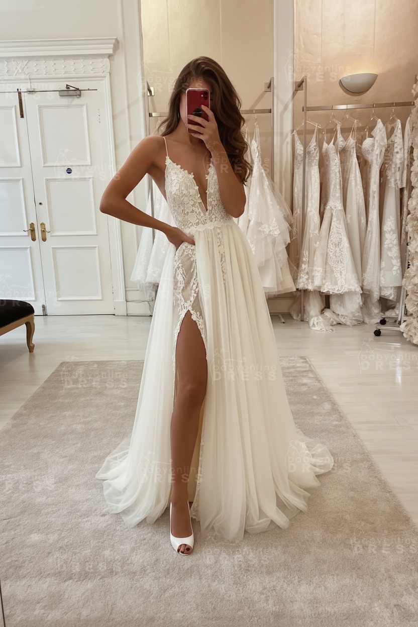 Sexy Spaghetti Straps Lace A-Line Beach Wedding Dress with High Split
