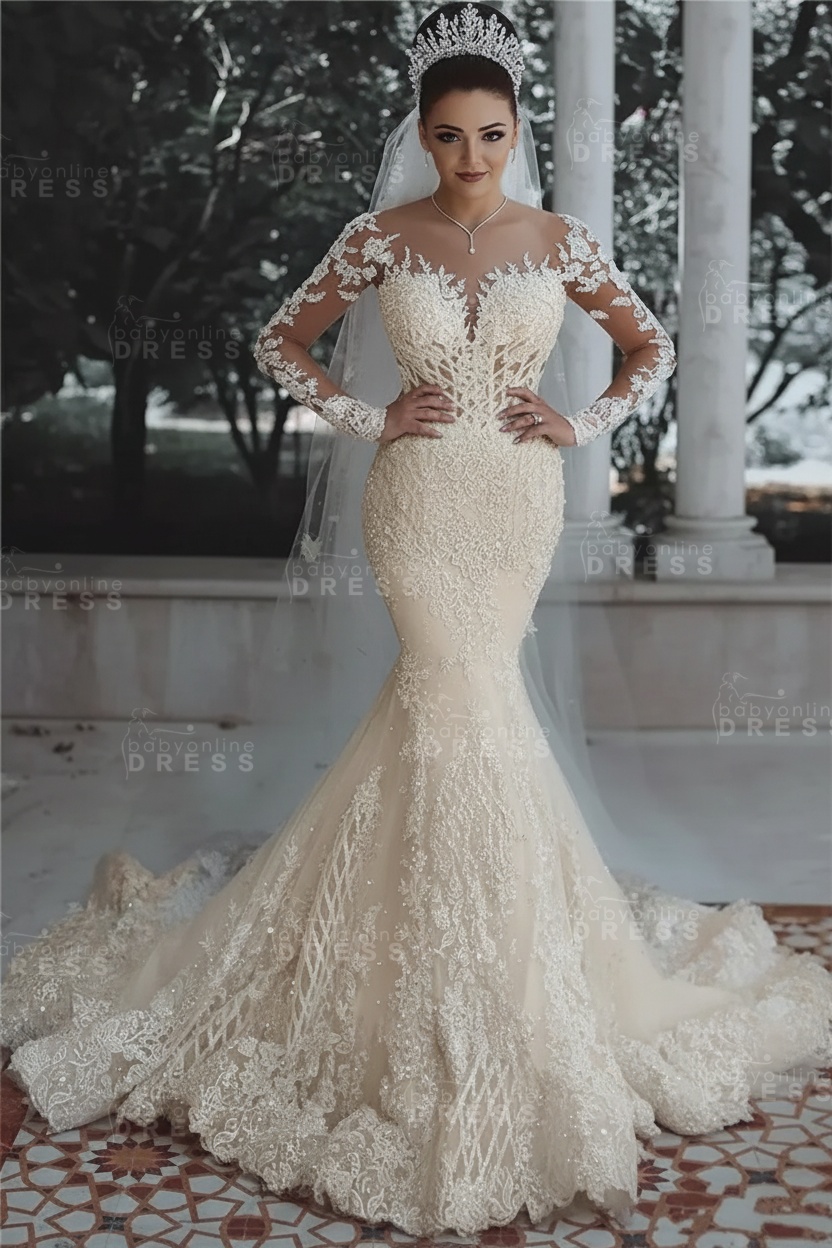 Luxury Beaded Lace Mermaid Wedding Dresses with Sleeves | Sheer Tulle Appliques Bride Dresses