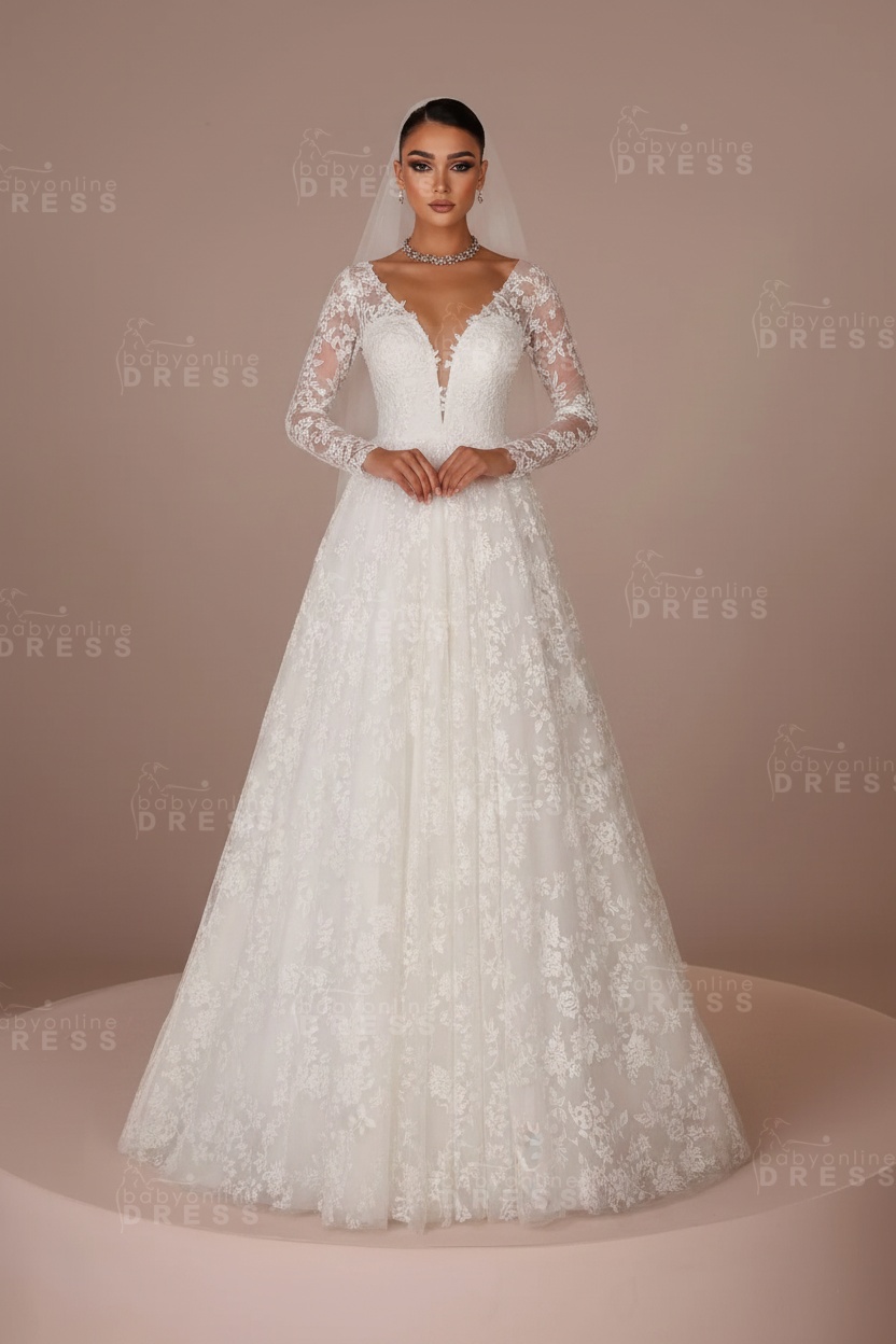  V-neck Tulle Appliques Lace A-Line Wedding Dresses Long Sleeves