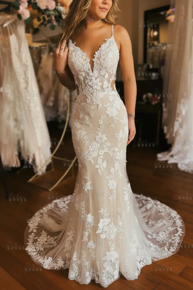 Elegent Spaghetti Straps V-neck Lace Floor-Length Mermaid Wedding Dresses