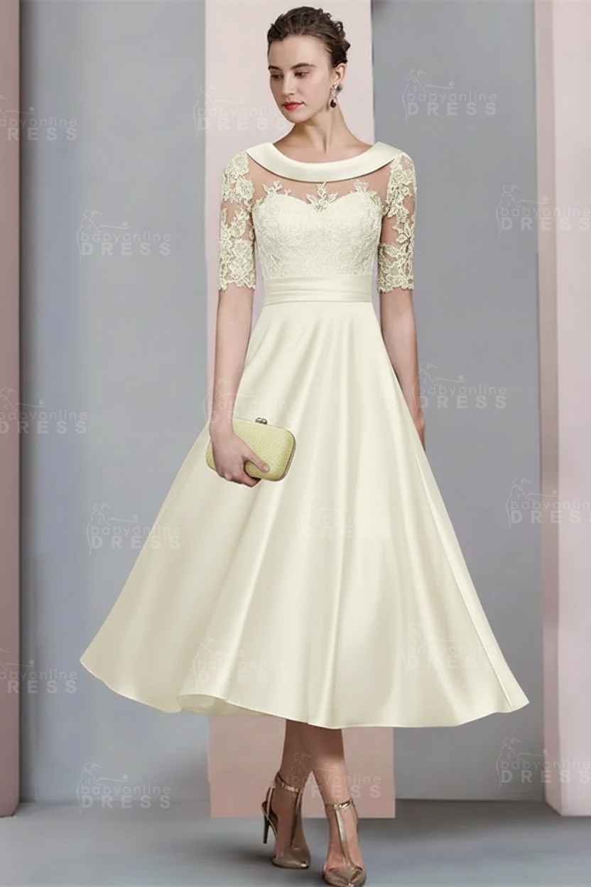 Elegant Ivory Jewel Lace Beading A-Line Tea Length Satin Wedding Guest Dress Formal Mother Dress