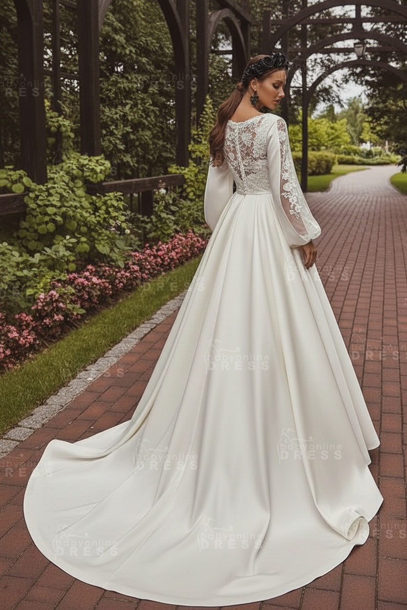 Deluxe Floor-Length Jewel Neck Long Sleeves A-Line Satin Wedding Dresses