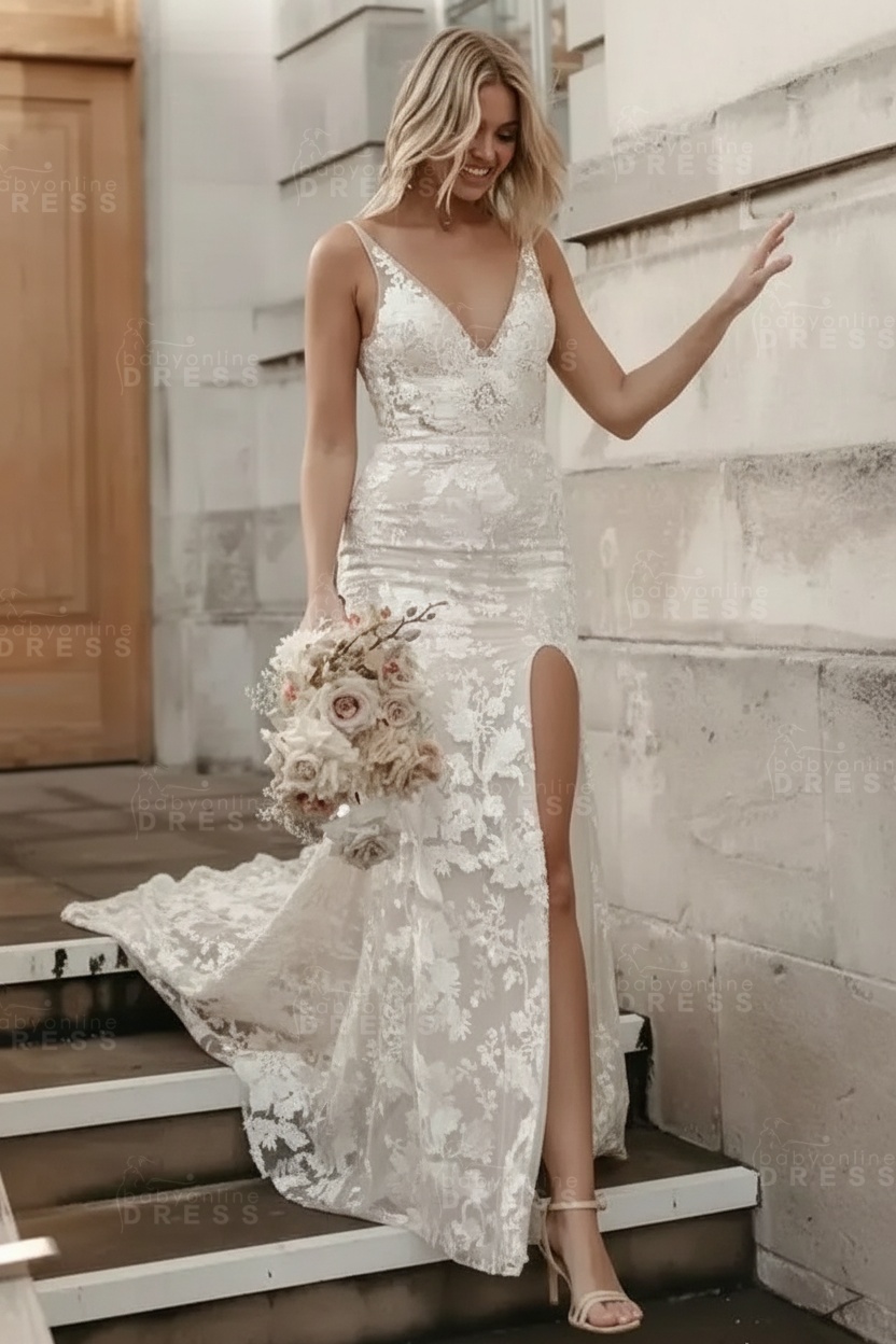 Chic Floral Lace Mermaid Wedding Dress Sleeveless V-Neck Side Slit Bridal Dress