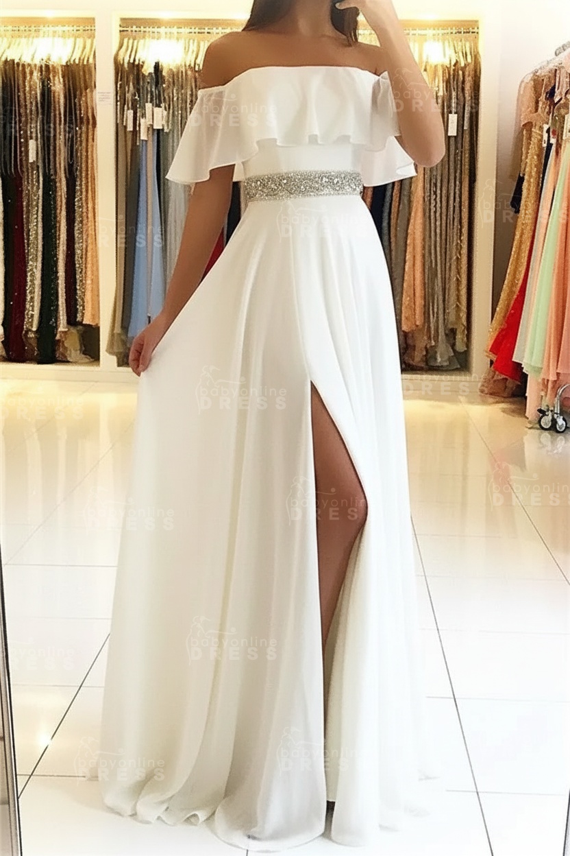 Sky Blue Off The Shoulder Evening Dresses Sexy | Chiffon Side Slit Prom Dress with Crystals Belt