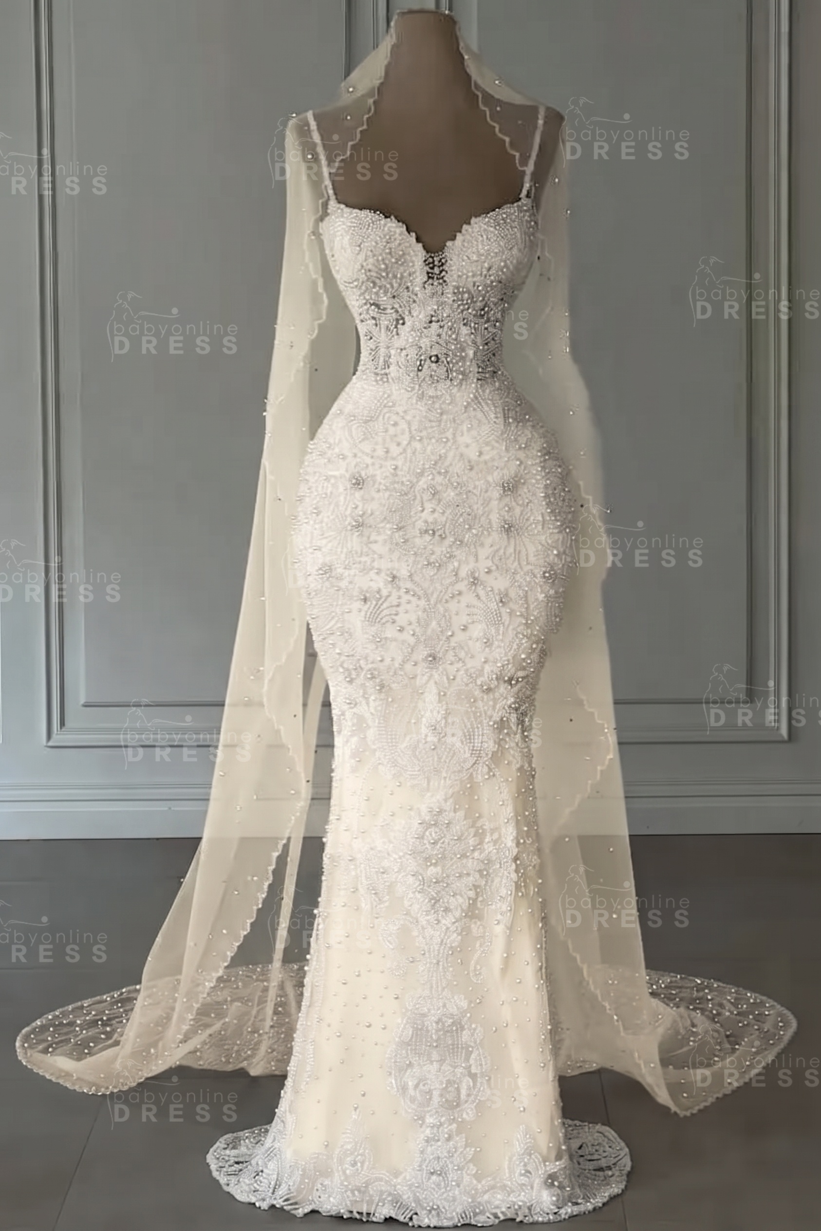 Spaghetti Straps White Beaded Floor-Llength Mermaid Wedding Dresses 