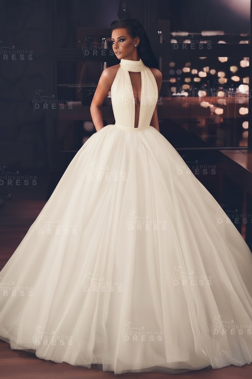 Sexy High-Neck Sleeveless Ball Gown Evening Dress with Pockets