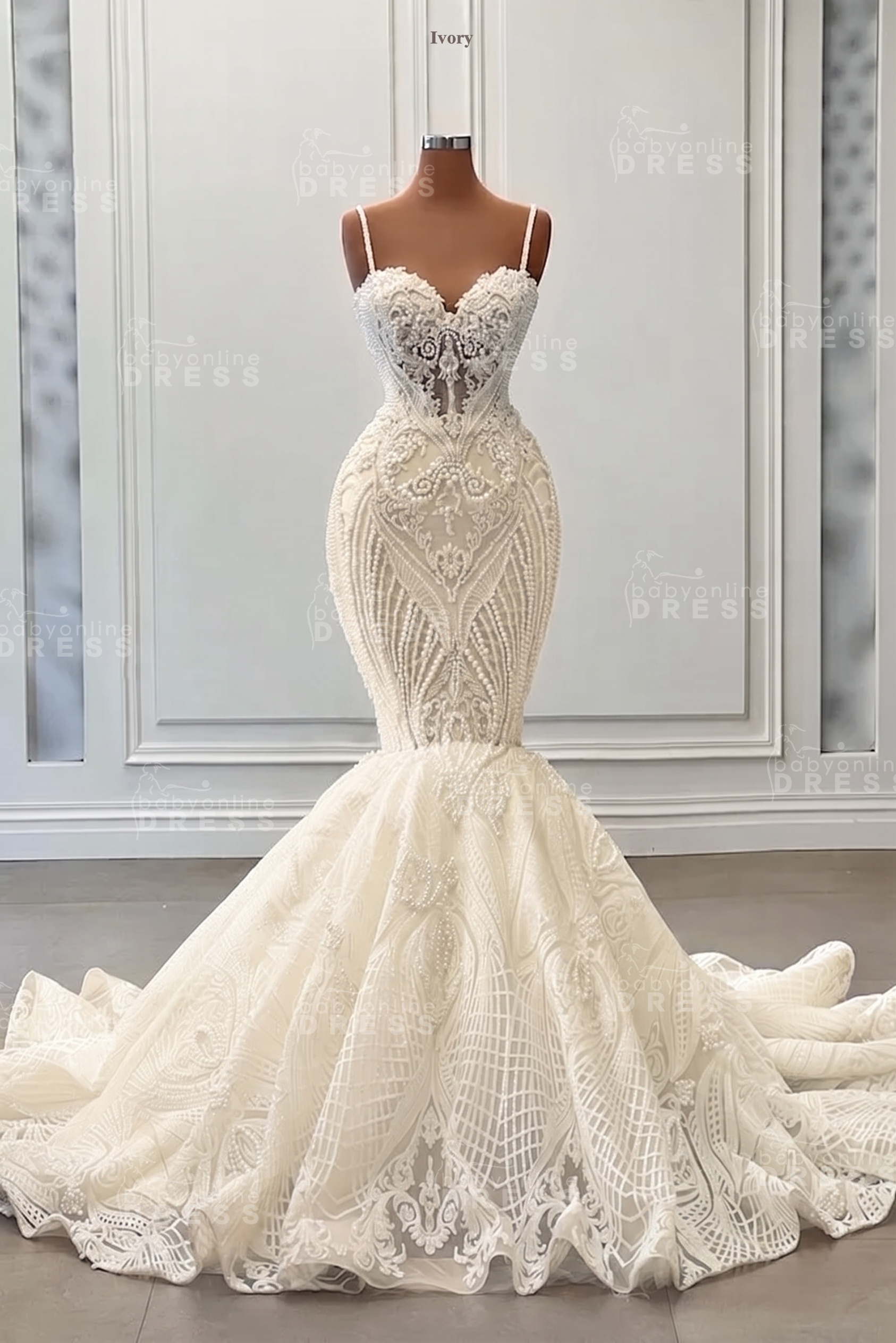 Charming Spaghetti Straps Lace Beaded Long Mermaid Wedding Dress