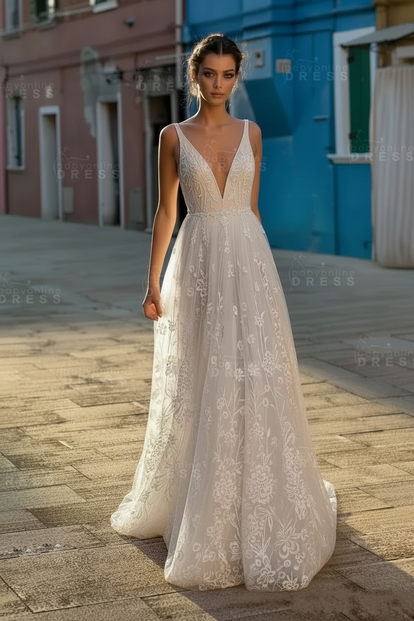 Chic Champagne V-neck Sleeveless Long Lace High waist Wedding Dress