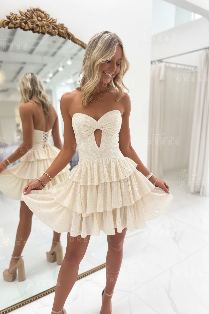 Black Sweetheart Rhinestone Bow Cutout A-Line Tiered Mini Homecoming Dress