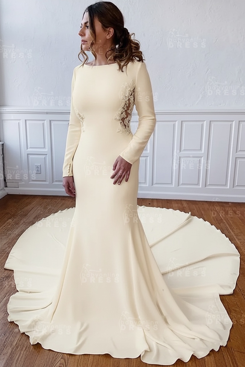 Elegant White Long Sleeves Satin Floor Length Wedding Dress with Lace Appliques