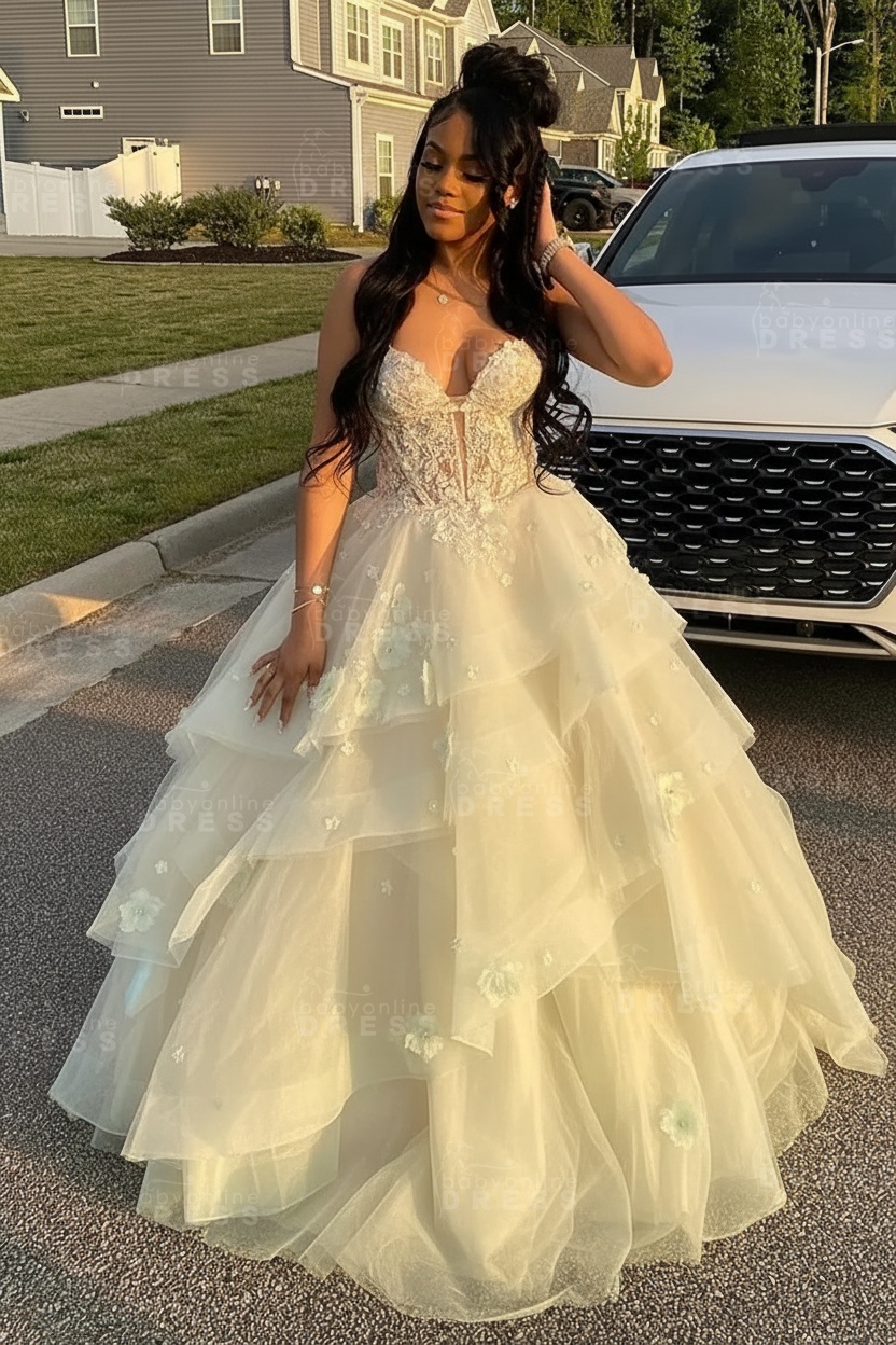 Sleeveless V-Neck Tulle Aline Prom Dress Floral Tiered Ruffles Corset Evening Dress