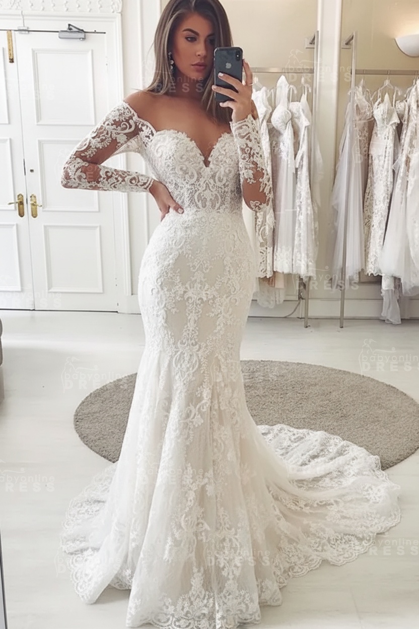 Charming Lace Appliques Mermaid Wedding Gown Long Sleeve Sweetheart Bridal Dress