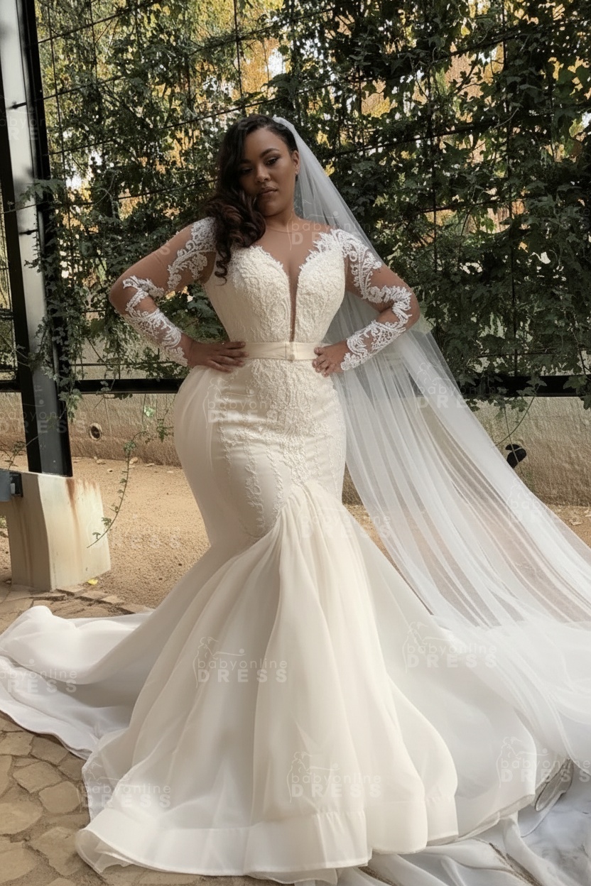 White Long sleeves Plus size Mermaid Belt Wedding Dresses