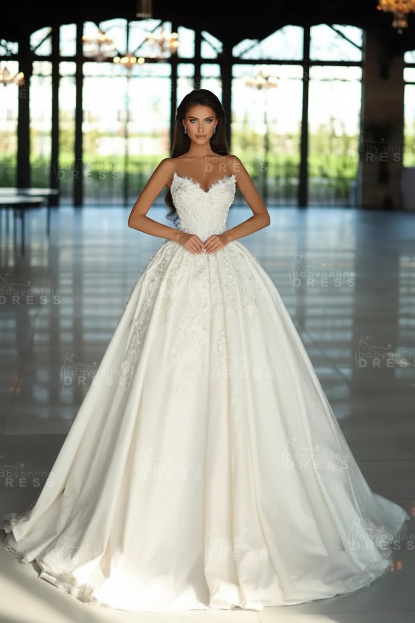 Glamorous White Sweetheart Satin Long A-Line Wedding Dresses with Lace Appliques