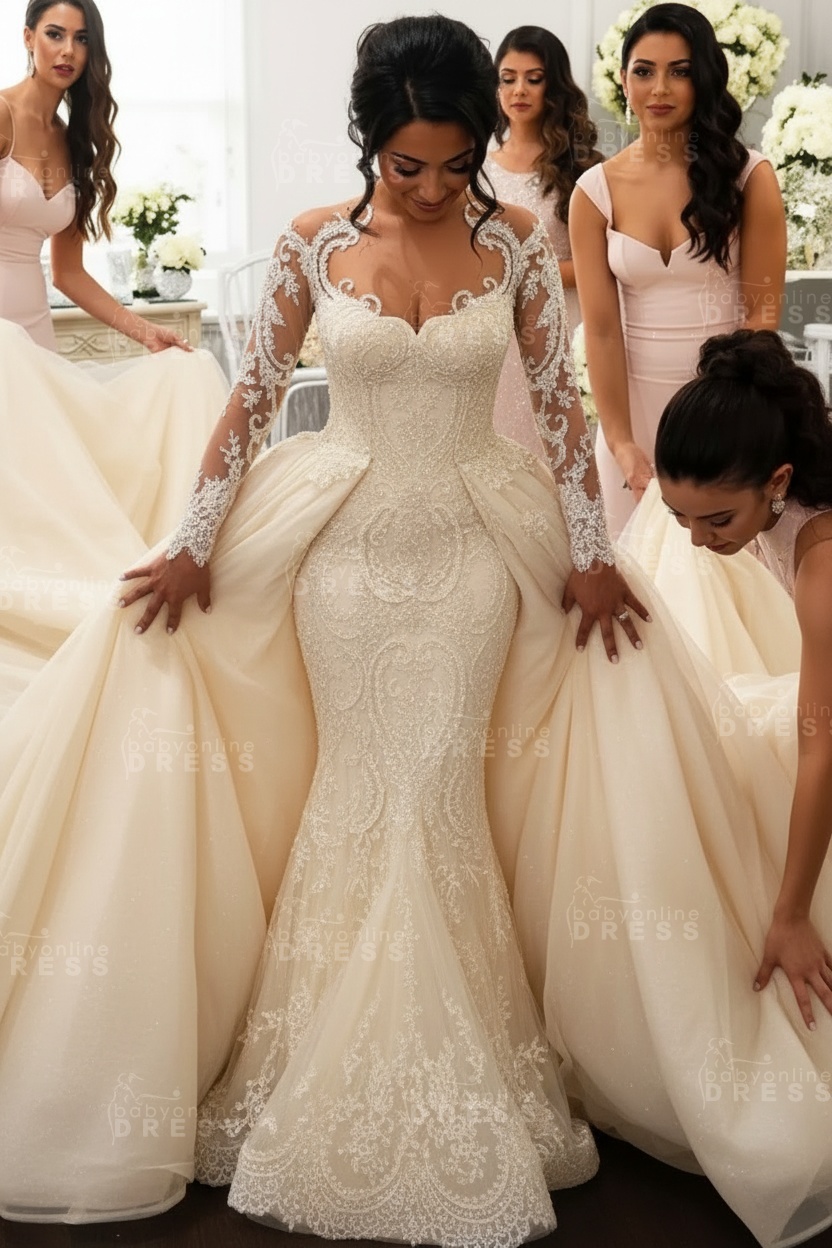 Gorgeous Long Sleeves Sheath Wedding Dresses | Lace Appliques Bridal Gowns with Detachable Train