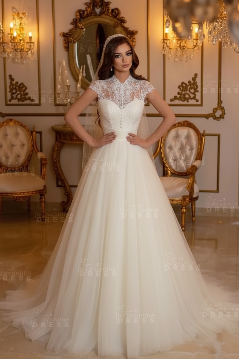Cap Sleeves High Neck Tulle Long Lace A-line Wedding Dress 