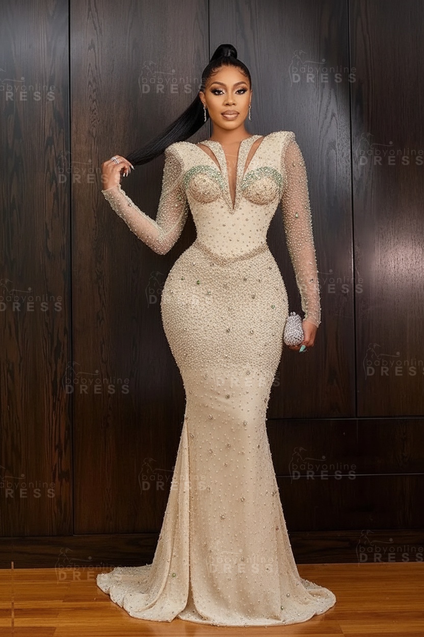 Green V-Neck Beadings Long Sleeves Floor-Length Mermaid Prom Dress