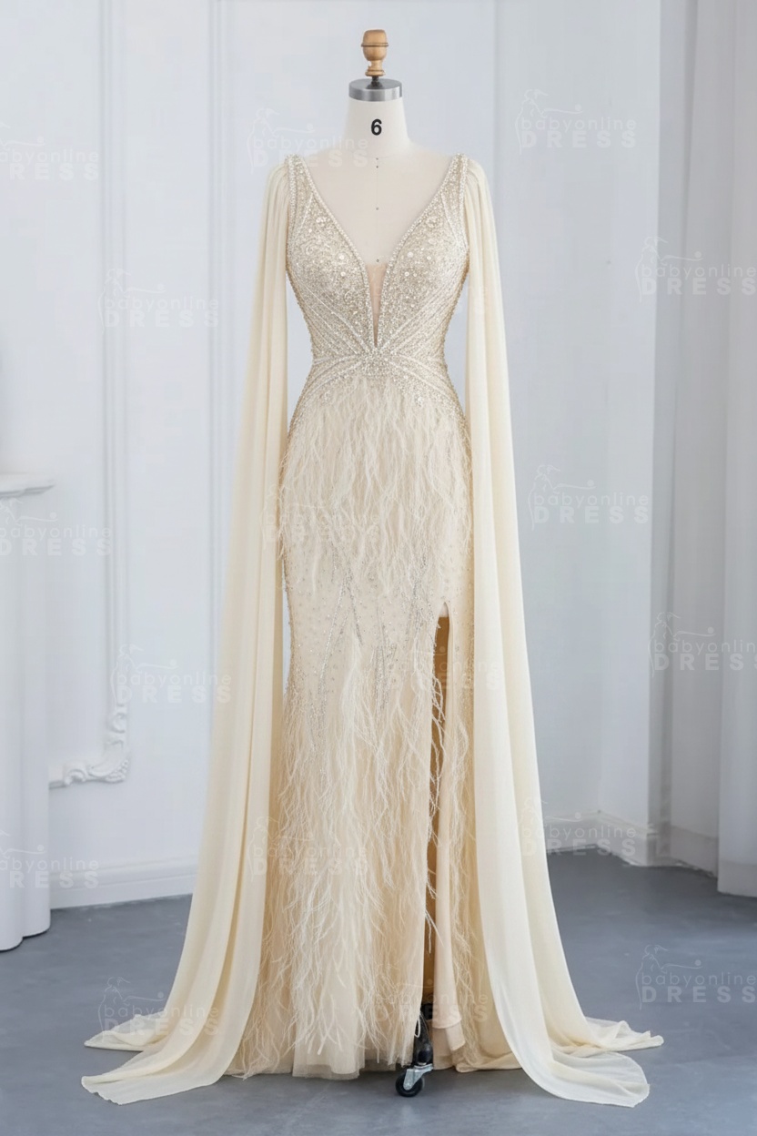 Glamorous V-Neck Fur Beadings Front Slit Mermaid Evening Gowns with Tulle with Cape Sleeves Wedding Party Dress