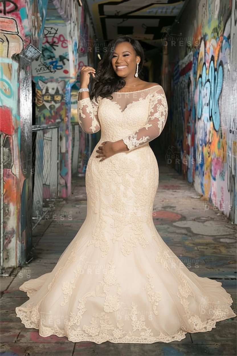 Long sleeves V-neck Plus size Mermaid Bridal gowns for Wedding