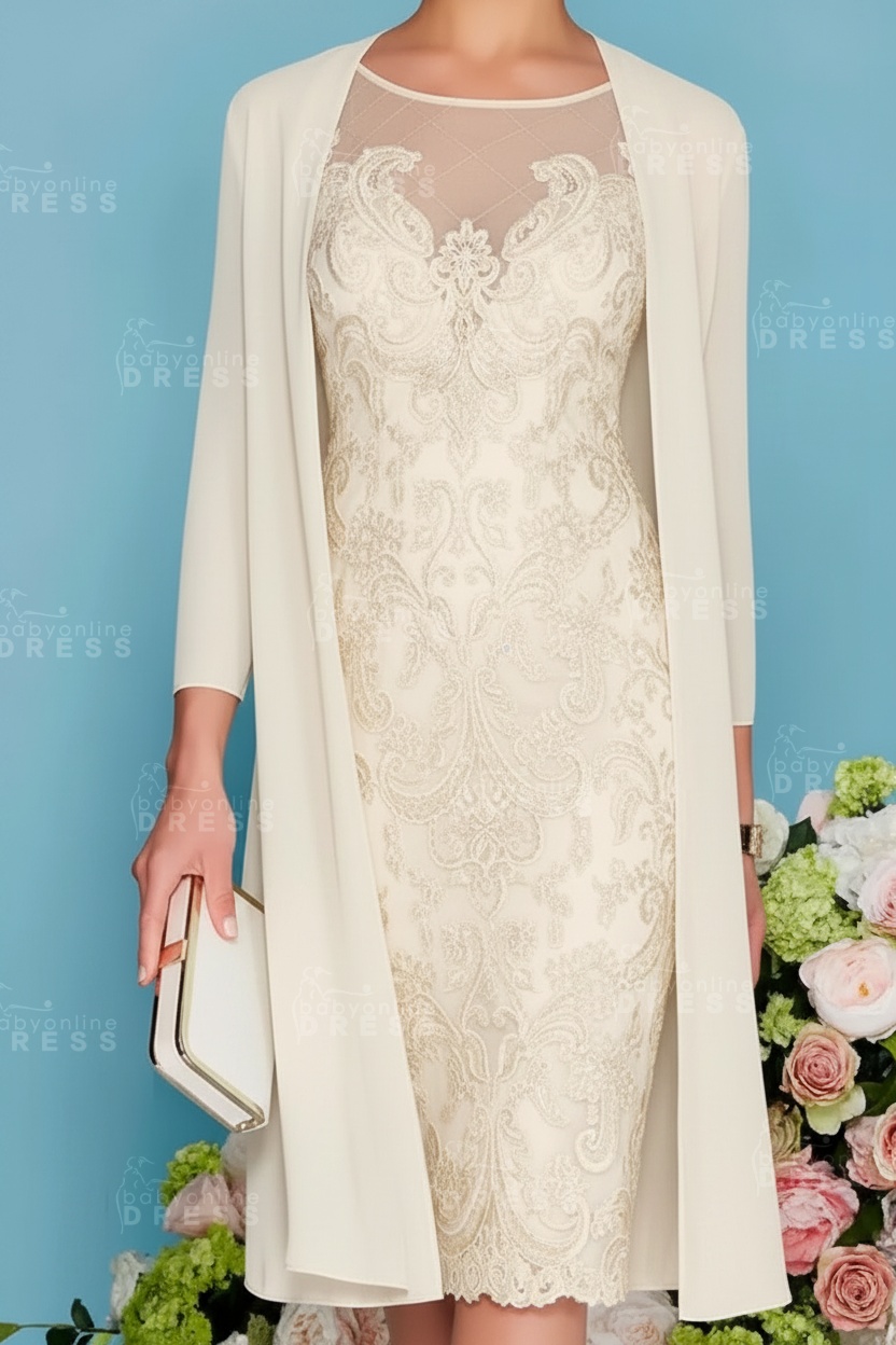 Scoop Neck Two Piece of Mermaid Slim Mother of the Bride Dress Chiffon 3/4 Sleeves Wedding Guest Outfits