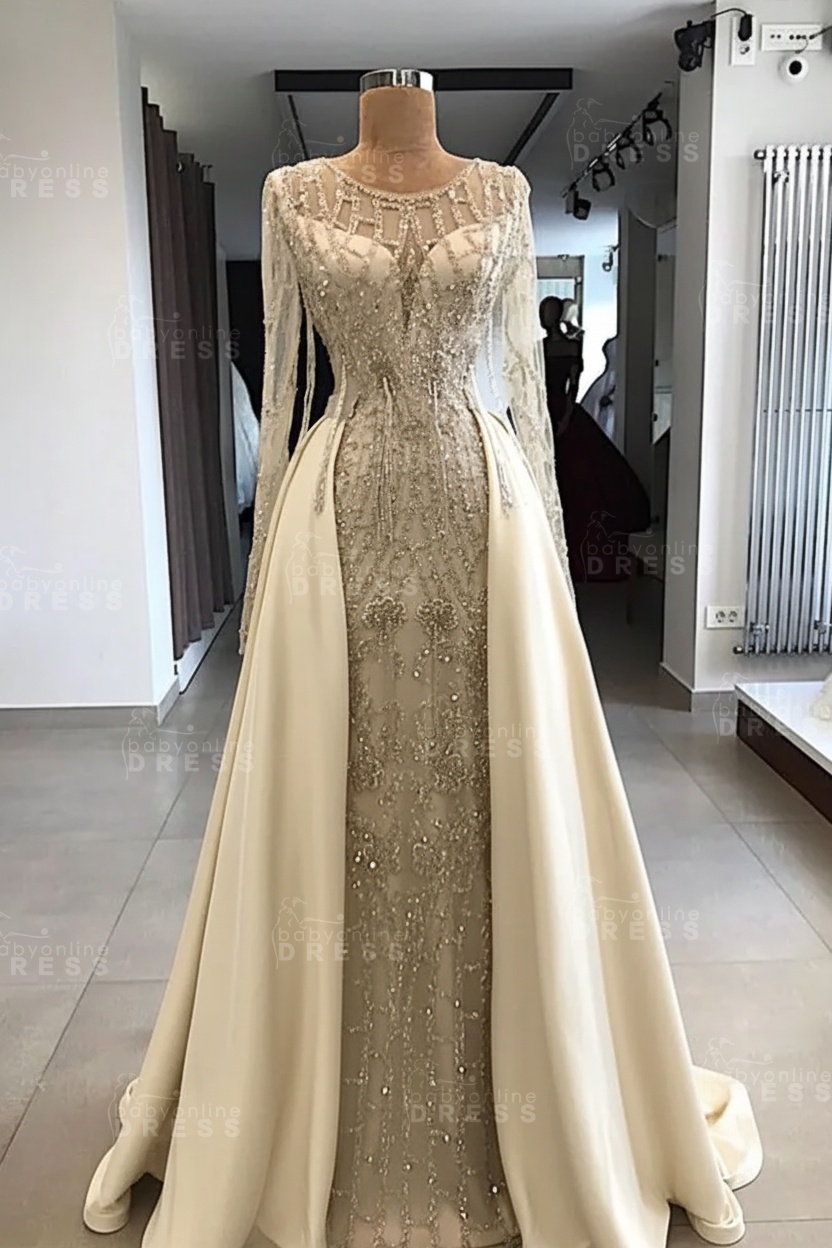 Shining Beaded Long Sleeves Round Neck Prom Dresses With Over Skirt | A Line Evening Gowns
