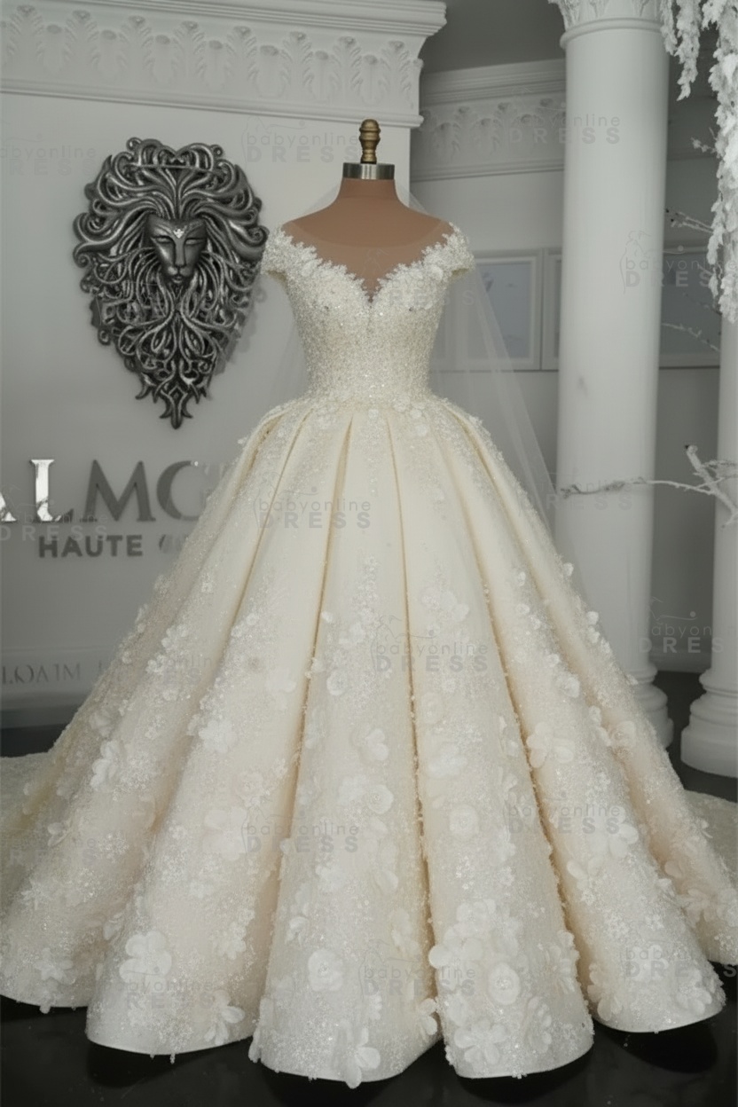 Luxury Sleeveless Crystal Ball Gown Wedding Dresses | Sheer Tulle Flowers Bridal Gowns with Beading