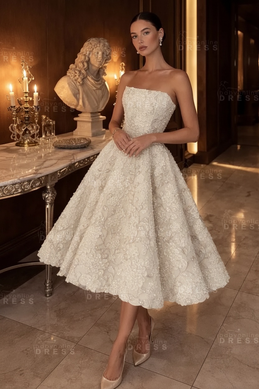 Strapless Yellow Floral A-Line Tea Length Prom Dress with Beadings